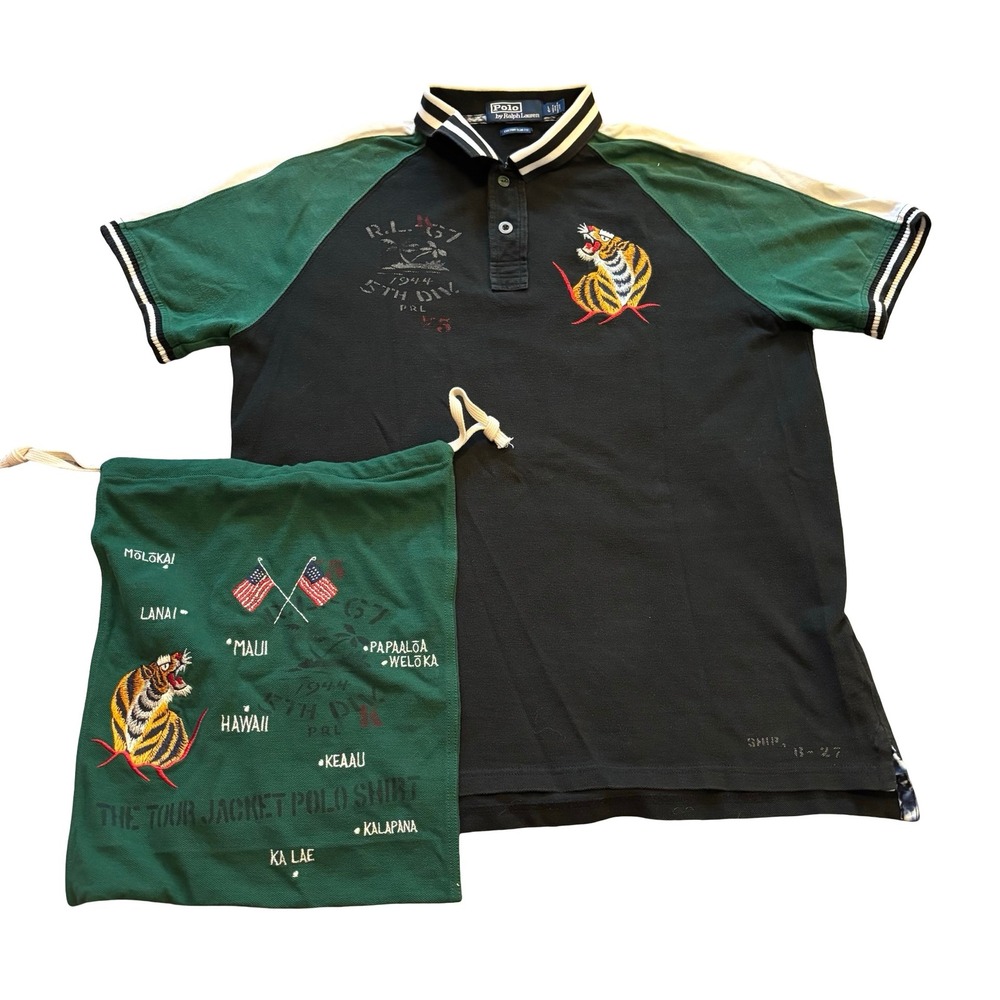 Polo Ralph Lauren Hawaii Tour Jacket Polo Shirt Tiger Embroidered Black Green L - Picture 2 of 12